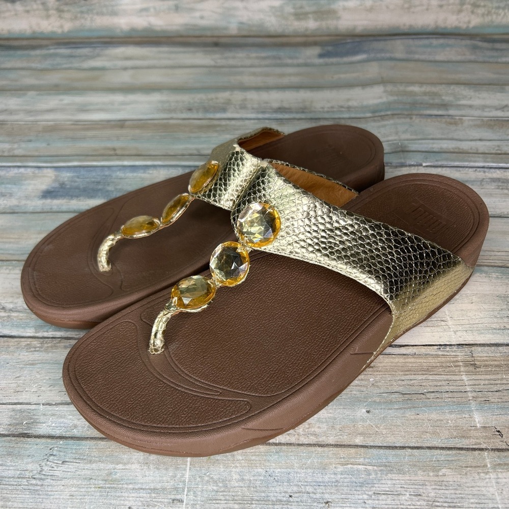 Fitflop Sandals Sz 10 Gold Wobbleboard Beveled Jewel Thong Shock Snakeskin